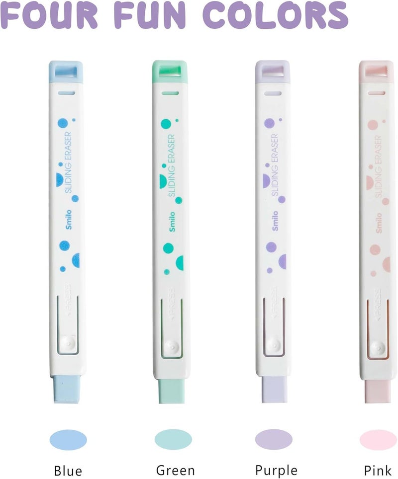 Smilo 8-Pack Retractable Mechanical Pencil Erasers - Push-Pull Sliding Eraser Pens for Drawing, School & Art, No Mess TPE Erasers for Artists (4 Colors) - Image 3